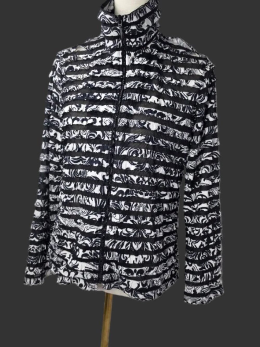 Draper’s & Damon’s Petite Medium Black White Ruffle Mesh Jacket Full Zip